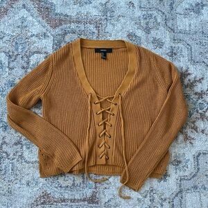 Forever 21 mustard V-Neck Sweater with Lace-Up Detail